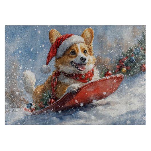Corgi Dog in Sledge Laat het Sneeuw Kerstmis Snijplank (Voorkant)