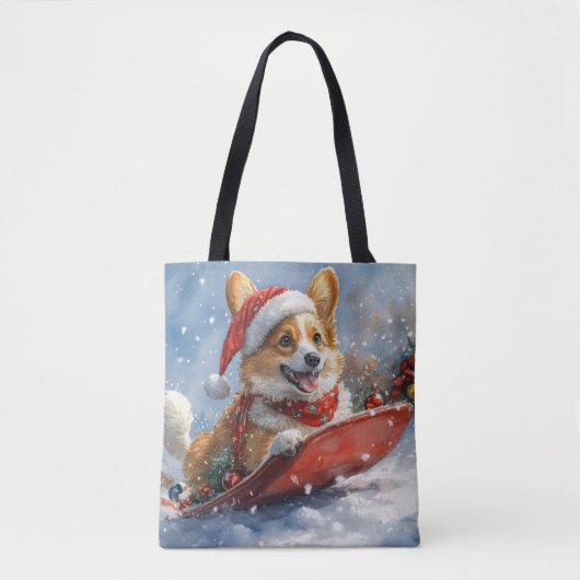 Corgi Dog in Sledge Laat het Sneeuw Kerstmis Tote Bag (Voorkant)