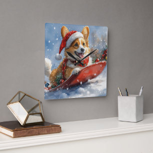 Corgi Dog in Sledge Laat het Sneeuw Kerstmis Vierkante Klok