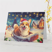 Corgi Dog in Sleigh Sneeuw Kerstmis Kaart (Gele Bloem)