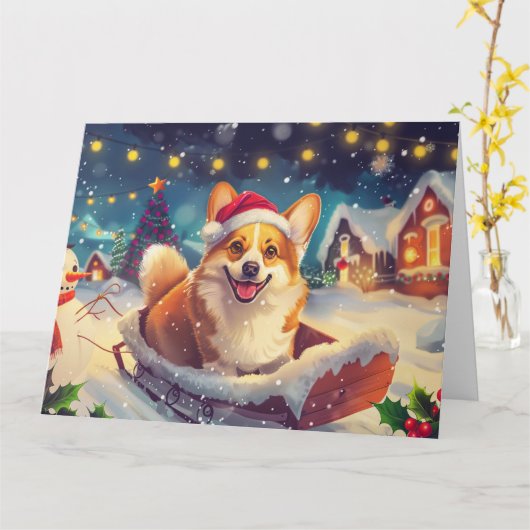 Corgi Dog in Sleigh Sneeuw Kerstmis Kaart (Gele Bloem)