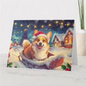 Corgi Dog in Sleigh Sneeuw Kerstmis Kaart (Voorkant)