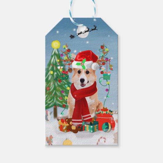 Corgi Dog in sneeuw met kerstcadeaus Cadeaulabel (Voorkant)