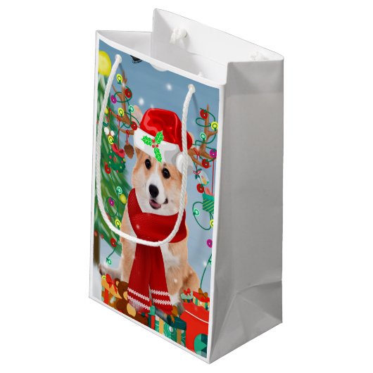 Corgi Dog in sneeuw met kerstcadeaus Klein Cadeauzakje (Achterkant Gekanteld)