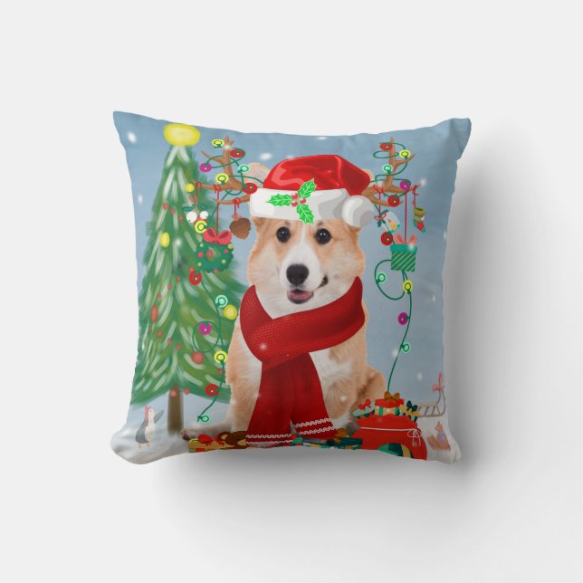 Corgi Dog in sneeuw met kerstcadeaus Kussen (Voorkant)