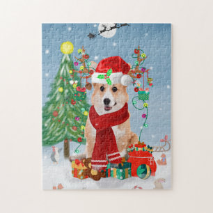 Corgi Dog in sneeuw met kerstcadeaus Legpuzzel