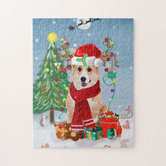 Corgi Dog in sneeuw met kerstcadeaus Legpuzzel (Verticaal)