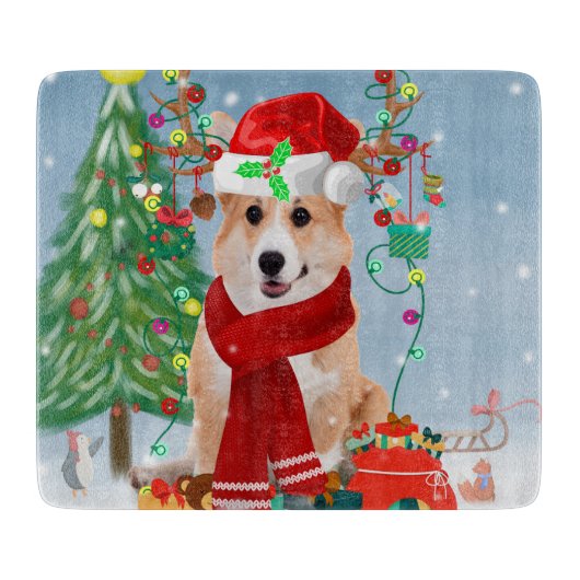 Corgi Dog in sneeuw met kerstcadeaus Snijplank (Voorkant)