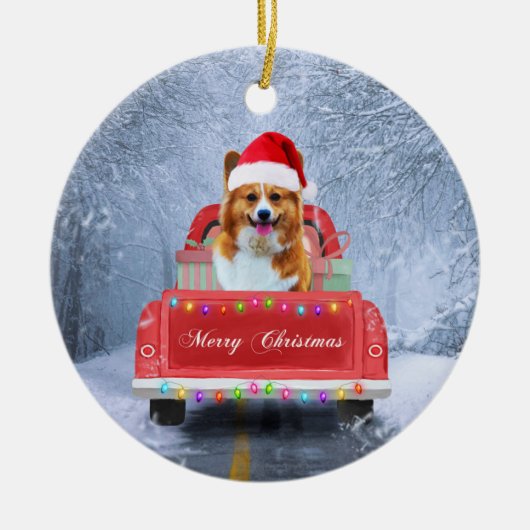Corgi Dog in sneeuw, met kerstmis Keramisch Ornament (Voorkant)