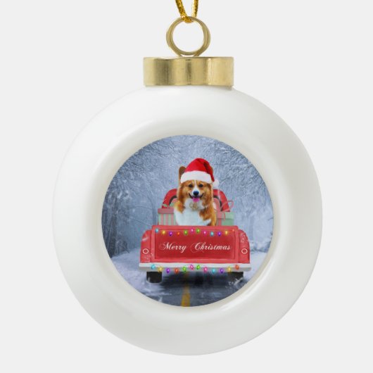 Corgi Dog in sneeuw, met kerstmis Keramische Bal Ornament (Voorkant)