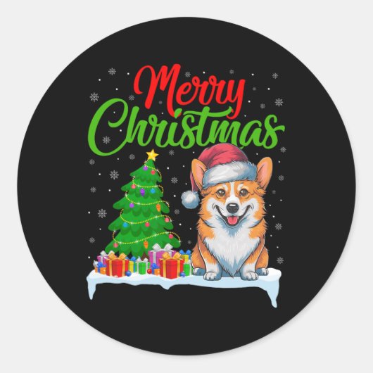 Corgi Dog Kerstboom Lights Funny Xmas Corgi D Ronde Sticker (Voorkant)