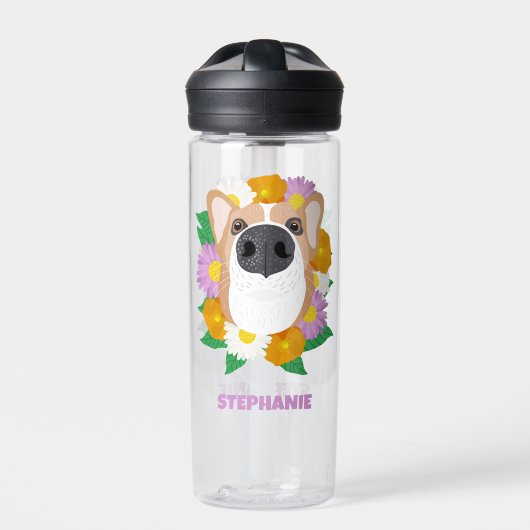 Corgi Dog met bloemen gepersonaliseerd Waterfles (Voorkant)