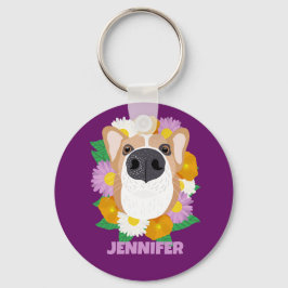 Corgi Dog met Flowers Paars Sleutelhanger
