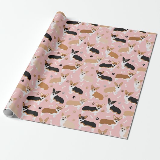Corgi Dog Paws and Botten Wrapping Paper Cadeaupapier (Uitgerold)