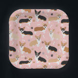 Corgi Dog Paws en Botten Paper Borden Papieren Bordje<br><div class="desc">Cute Corgi-honden met flauwte,  rode en tri-kleuring met pootafdrukken en botten van honden.</div>