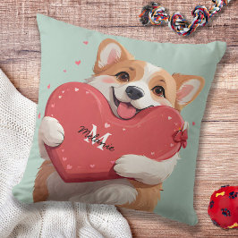 Corgi Dog Pun & Red Hearts Monogram Valentijnse Kussen