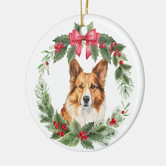 Corgi Dog Red Bow Holly krans Keramisch Ornament (Links)