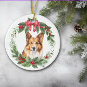 Corgi Dog Red Bow Holly krans Keramisch Ornament