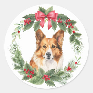 Corgi Dog Red Bow Holly krans Ronde Sticker