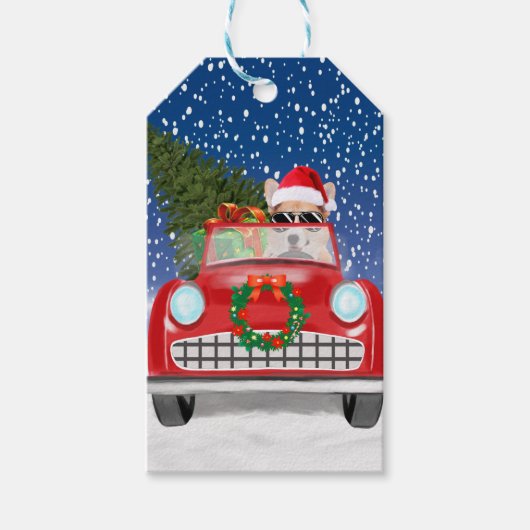 Corgi Dog rijdt met sneeuwkerst Cadeaulabel (Voorkant)