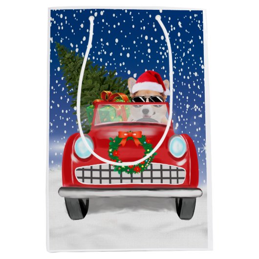 Corgi Dog rijdt met sneeuwkerst Medium Cadeauzakje (Voorkant)