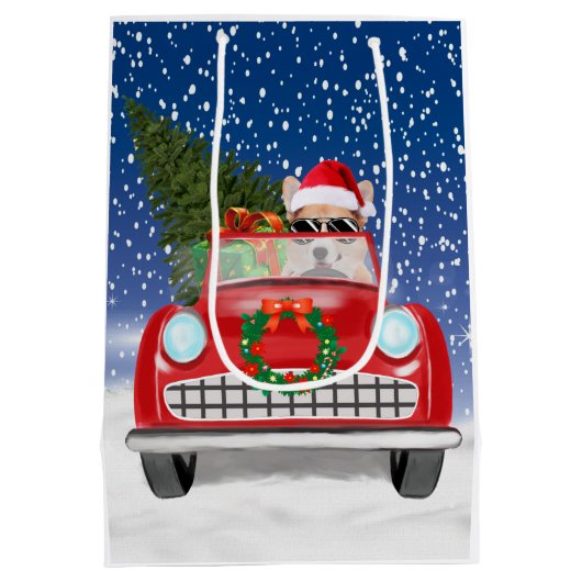 Corgi Dog rijdt met sneeuwkerst Medium Cadeauzakje (Achterkant)