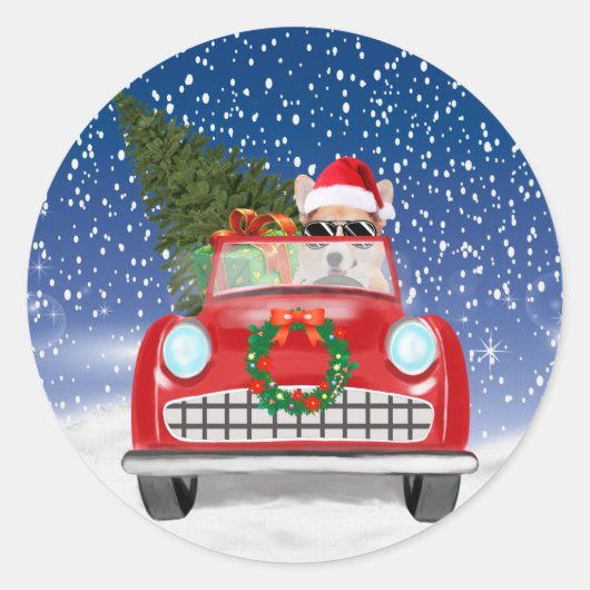 Corgi Dog rijdt met sneeuwkerst Ronde Sticker (Voorkant)