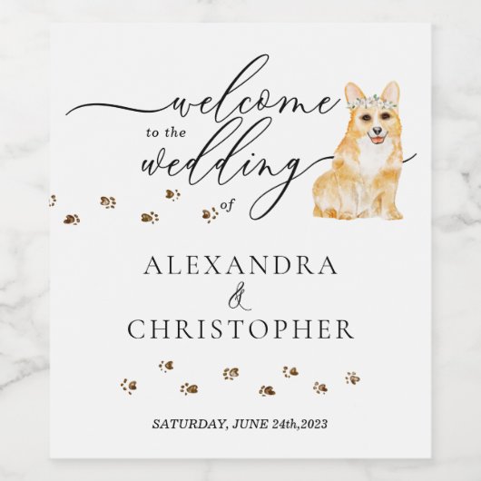 Corgi Dog Schattigee bruiloft Wijn Etiket (Enkel label)