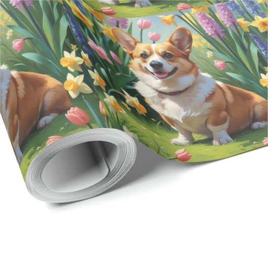 Corgi Dog Spring Bloemen Schilderen Cadeaupapier (Rol Hoek)