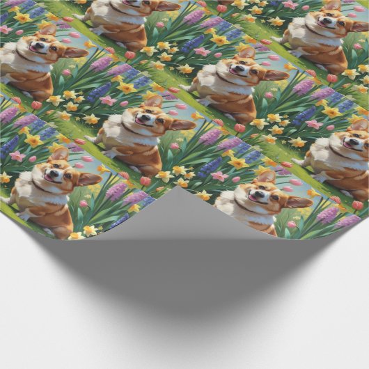 Corgi Dog Spring Bloemen Schilderen Cadeaupapier (Hoek)