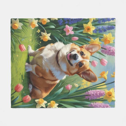 Corgi Dog Spring Bloemen Schilderen Fleece Deken (Voorkant (Horizontaal))