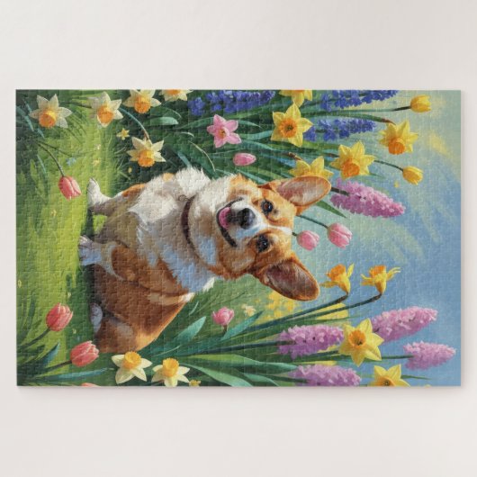 Corgi Dog Spring Bloemen Schilderen Legpuzzel (Horizontaal)