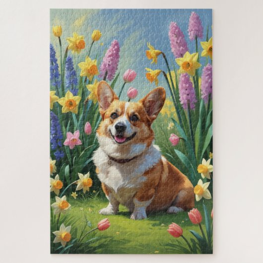 Corgi Dog Spring Bloemen Schilderen Legpuzzel (Verticaal)