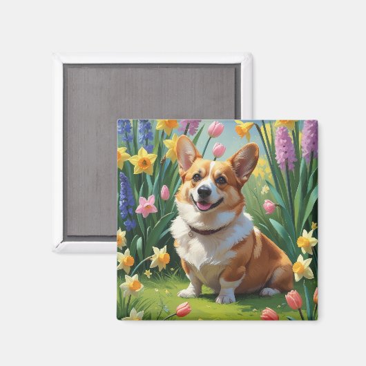 Corgi Dog Spring Bloemen Schilderen Magneet (Voorkant / Achterkant)