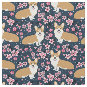 corgi dogs cherry blossom navy stof