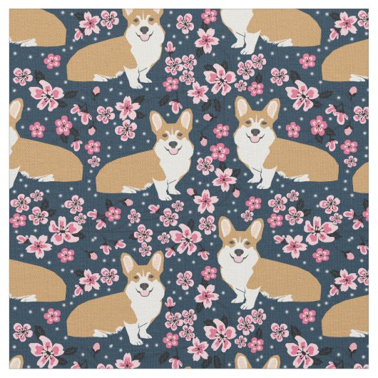 corgi dogs cherry blossom navy stof (Close Up)