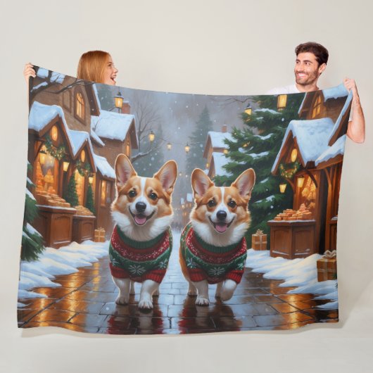 Corgi Dogs Christmas Snow Holiday Fleece Deken (In situ)