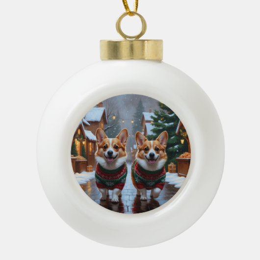 Corgi Dogs Christmas Snow Holiday Keramische Bal Ornament (Voorkant)