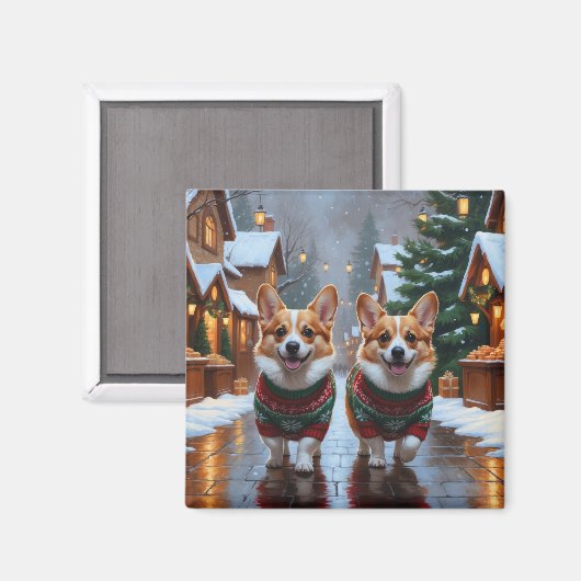 Corgi Dogs Christmas Snow Holiday Magneet (Voorkant / Achterkant)