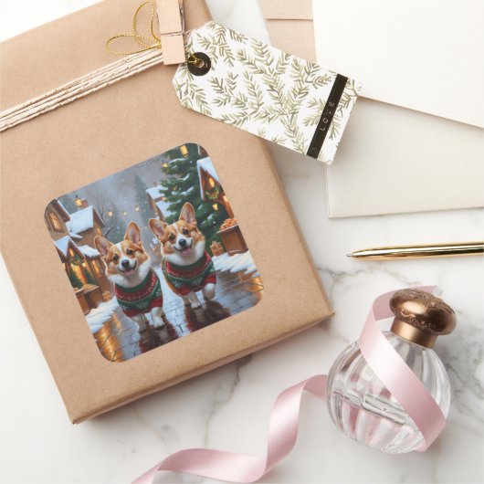 Corgi Dogs Christmas Snow Holiday Vierkante Sticker (Geschenken)