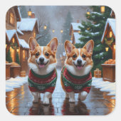 Corgi Dogs Christmas Snow Holiday Vierkante Sticker (Voorkant)