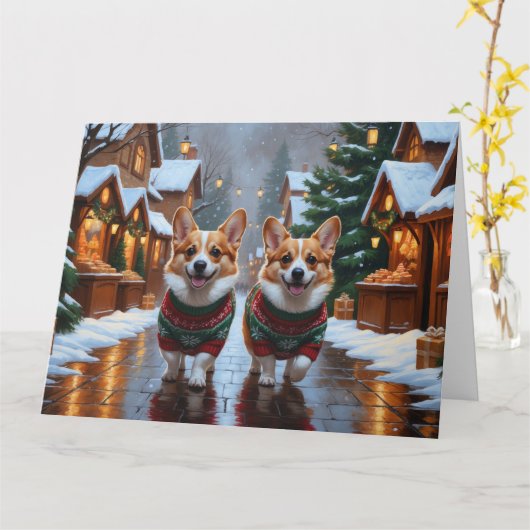 Corgi Dogs Kerstmis Sneeuw Vakantie Kaart (Gele Bloem)