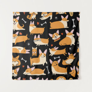 Corgi Dogs, Schattigee naadloze achtergrond. Wandkleed