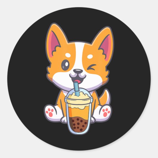 Corgi Drink Boba Bubble Tea Drink Dog Anime Kaw Ronde Sticker (Voorkant)