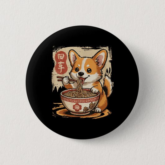 Corgi Eating Ramen Ronde Button 5,7 Cm (Voorkant)