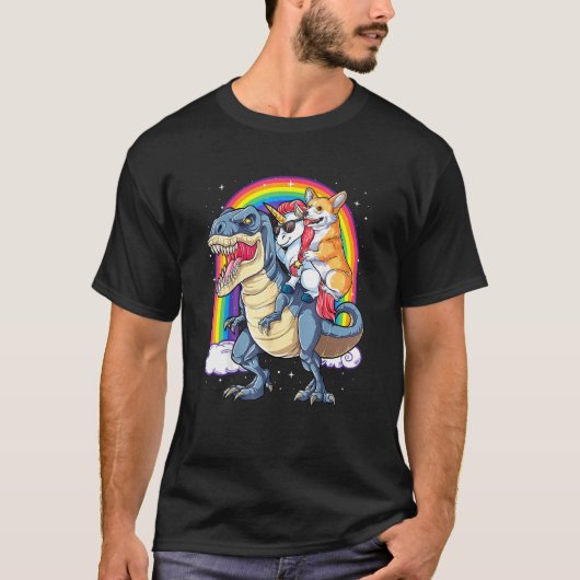 Corgi eenhoorn rijden dinosaurus t rex Mannen vrou T-shirt (Voorkant)