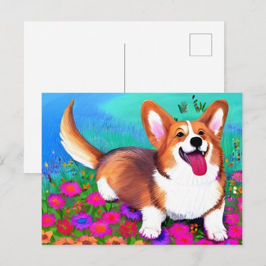 Corgi en bloemen briefkaart (Voorkant / Achterkant)
