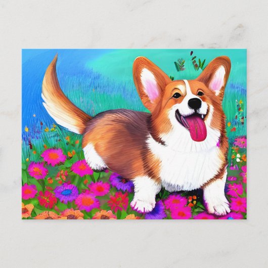 Corgi en bloemen briefkaart (Voorkant)