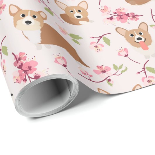Corgi en Cherry Blossom Sakura Pink Pattern Cadeaupapier (Rol Hoek)