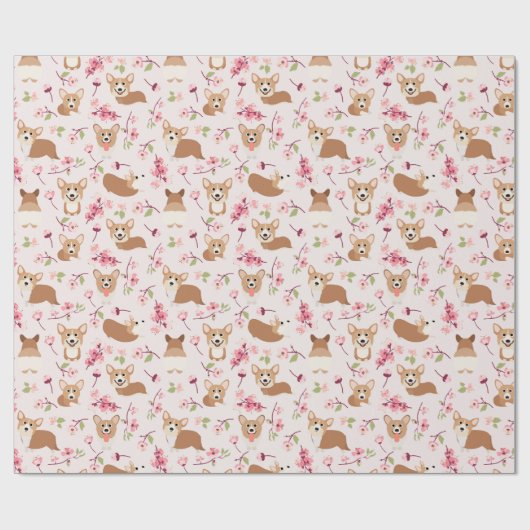 Corgi en Cherry Blossom Sakura Pink Pattern Cadeaupapier (Vlak)